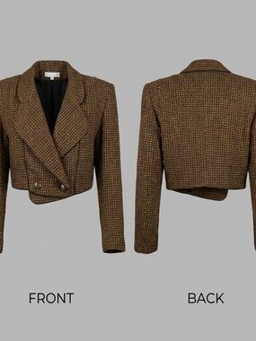 ✨ VNT Y2K Express Cropped Tweed Blazer Brown Gold Wool Blend XS 8867-2 ✨